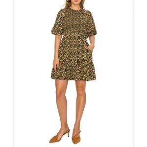 Melloday women’s Black Floral Smocked Dress Puff Sleeve Large
